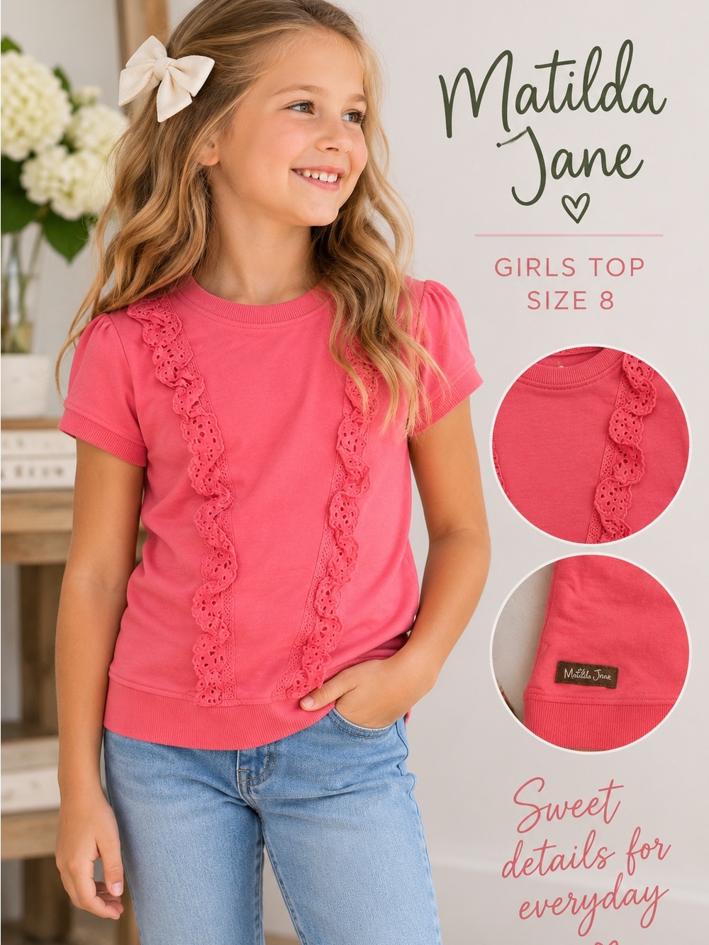 Matilda Jane Girls Size 8 Pink Eyelet Ruffle Short Sleeve Top